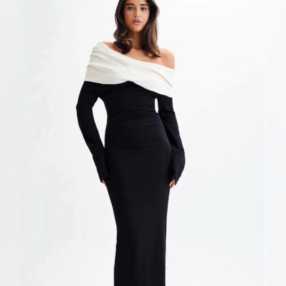 MESHKI Elegant Off-Shoulder Black and White Dress